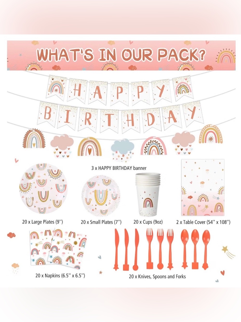 New Boho Rainbow 145 Piece Party Set | Supplies for 20 Guests (2 Sets Available) - Picture 2 of 16